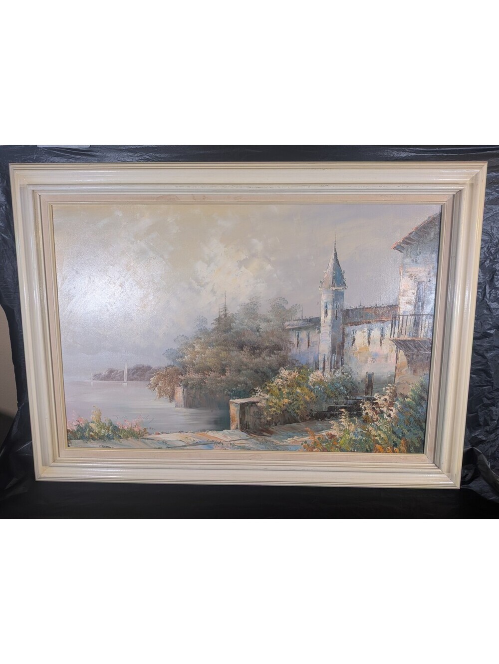 Impressionistic 1980s Jane Mabry Original Large Oil Painting "Sea Shore Palace"